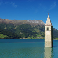 Buy canvas prints of Tower of sunken church in Lago di Resia, Italy by Claudio Del Luongo