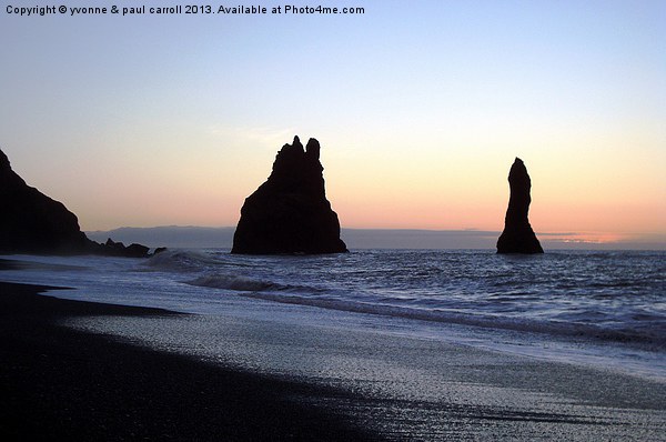 Sunrise Sea stacks near Dyrholaey Picture Board by yvonne & paul carroll