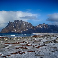 Buy canvas prints of Lofoten winters - jagged cliffs, snow on the beach by yvonne & paul carroll
