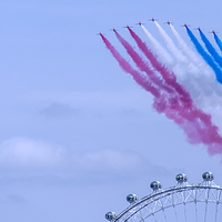 Buy canvas prints of  Red Arrows flying over London Eye by Phil Robinson
