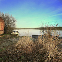 Buy canvas prints of Fishermans Hut by the Lake by Dave Bell