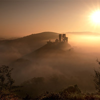 Buy canvas prints of Misty Sunrise at Corfe Castle by Andrew Bannister