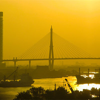 Buy canvas prints of Bangkok Suspension Bridge at Sunset, Thailand by Mark Llewellyn