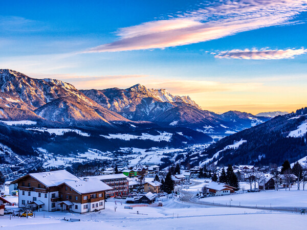 Snowy Valley Dawn, Rohrmoos, Austria Picture Board by Mark Llewellyn