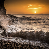 Buy canvas prints of  Amroth beach sunrise by cliff by Simon West