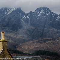 Buy canvas prints of The roof and chimneys of the Torrin Outdoor Centre set against Blaven, brightened.  by Richard Smith