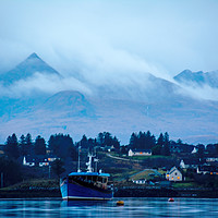 Buy canvas prints of Loch Portree and Heatherfield backed by Cuillin Mo by Richard Smith