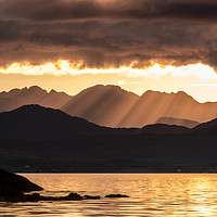 Buy canvas prints of Evening crepuscular rays over the Cuillin Hills. by Richard Smith