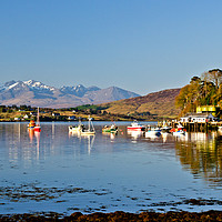 Buy canvas prints of Portree sea loch with yachts and the Cuillin hills by Richard Smith