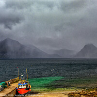 Buy canvas prints of A shower of rain crosses the Black Cuillin Range viewed from Elgol pier. by Richard Smith