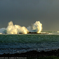 Buy canvas prints of Large wave breaks over rocks close to Staffin Pier. by Richard Smith