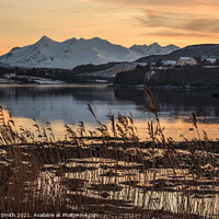 Buy canvas prints of Cuillin reflections in Loch Portree, reeds in the foreground.  by Richard Smith