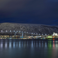 Buy canvas prints of  Tromso Harbour and Arctic Cathedral at Night by Nigel Jones