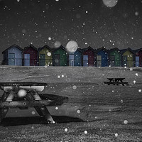 Buy canvas prints of Blyth Beach huts snow scene by Michael Thompson