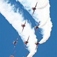 Buy canvas prints of Red arrows diving out of a loop by Rachel & Martin Pics
