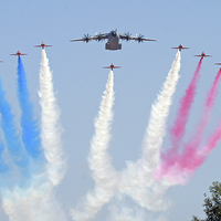 Buy canvas prints of RAF Red Arrows and Airbus A400M Flypast by Rachel & Martin Pics