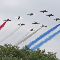 Buy canvas prints of  Red Arrows 50th anniversary Flypast by Rachel & Martin Pics