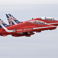 Buy canvas prints of  Red Arrows pair takeoff by Rachel & Martin Pics