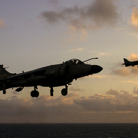 Buy canvas prints of Sea Harriers Hovering  by Keith Campbell