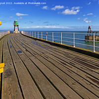 Buy canvas prints of Whitby Piers-Yellow, Green, Red and Sky Blue by Cass Castagnoli