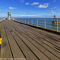 Buy canvas prints of Whitby Piers - Yellow, Green, Red and Sky Blue by Cass Castagnoli
