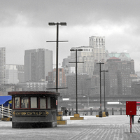 Buy canvas prints of snowy pier at seaport harbour with Brooklyn in the by Jutta Klassen