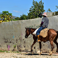 Buy canvas prints of Cuban farmer on trotting horse by Jutta Klassen