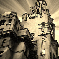 Buy canvas prints of Liverpool Royal Liver Building in Sepia by Sandra Buchanan