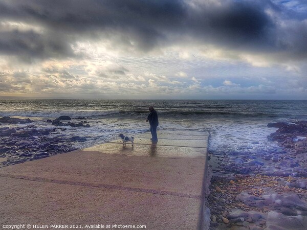 Man and his dog at the beach Picture Board by HELEN PARKER