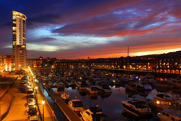 City of Swansea Marina by night Picture Board by HELEN PARKER
