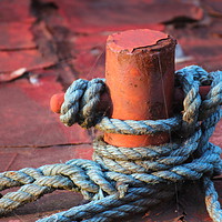 Buy canvas prints of Red rust, blue rope. by HELEN PARKER