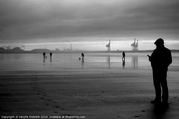 Silhouetts at Aberavon Beach in Mono Picture Board by HELEN PARKER
