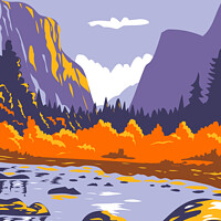 Buy canvas prints of El Capitan or El Cap during fall in Yosemite National Park Sierra Nevada of Central California WPA Poster Art by Aloysius Patrimonio