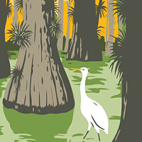 Buy canvas prints of Everglades National Park with Egret in Mangrove and Cypress Trees WPA Poster Art  by Aloysius Patrimonio
