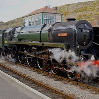 Buy canvas prints of  70000 Britannia at Corfe Castle. by Mike Streeter
