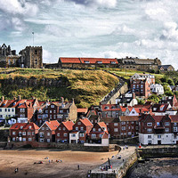 Buy canvas prints of  Whitby Cottages And Abbey by Marie Castagnoli