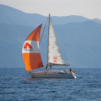 Buy canvas prints of Youht with orange sail by Rodney Leith