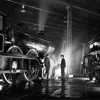 Buy canvas prints of Steam loco crew stop for a chat at night. by Ian Duffield