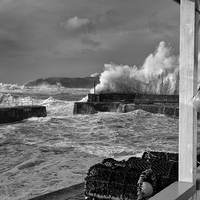 Buy canvas prints of Mullion Cove stormy waves by Steve Cowe