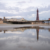 Buy canvas prints of Blackpool Tower and North Pier Reflecting by Gary Kenyon