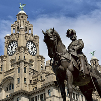 Buy canvas prints of Edward VII Statue and Liver Building Liverpool by Gary Kenyon