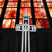 Buy canvas prints of Cross in the Fire Window At Manchester Cathedral by Gary Kenyon