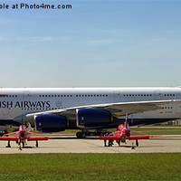Buy canvas prints of A380 parked with two red arrows by Thanet Photos