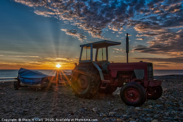 Tractor on the Beach at Sunrise Picture Board by Steve H Clark
