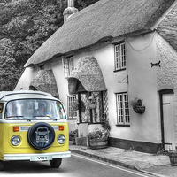 Buy canvas prints of  Volkswagen Camper and Thatched Cottage in West Lu by David Birchall