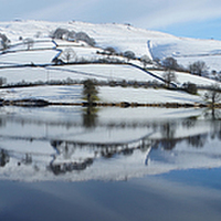 Buy canvas prints of Ladybower Reservoir winter snow panorama by David Birchall