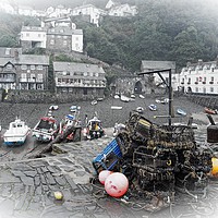 Buy canvas prints of Clovelly harbour, Devon (selective colour) by David Birchall
