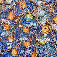 Buy canvas prints of Colourful Quayside Lobster Pots. by David Birchall
