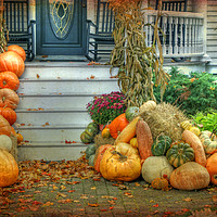 Buy canvas prints of Pumpkins on the porch in Maine, New England. by David Birchall