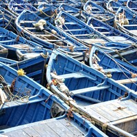 Buy canvas prints of The blue boats of Essaouira by David Birchall